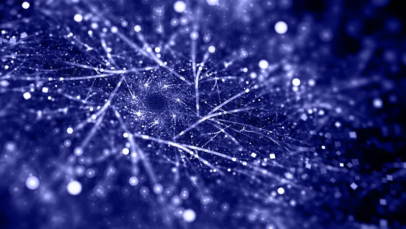 Abstract network of interconnected nodes and geometric pathways in deep blue, representing AI knowledge architecture and structural verification